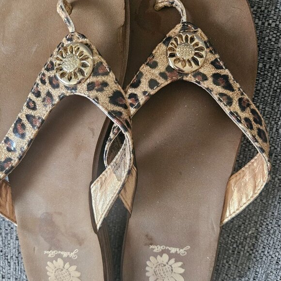 Yellow box Beach Summer Coastal flip flop thongs cheetah gold logo Slides 11 - Picture 1 of 6